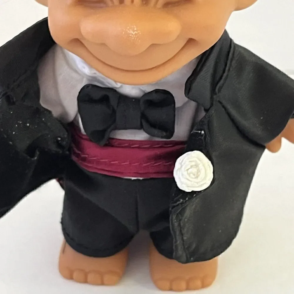 Vintage Russ Troll Doll Groom Yellow Hair Glass Brown Eyes Black Tuxedo Burdundy